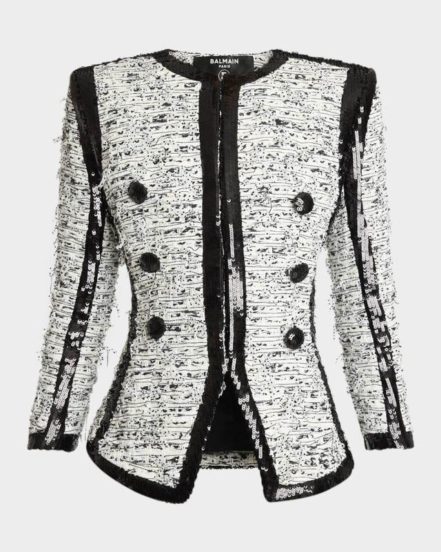 Collarless Raw-Edge Sequined Blazer